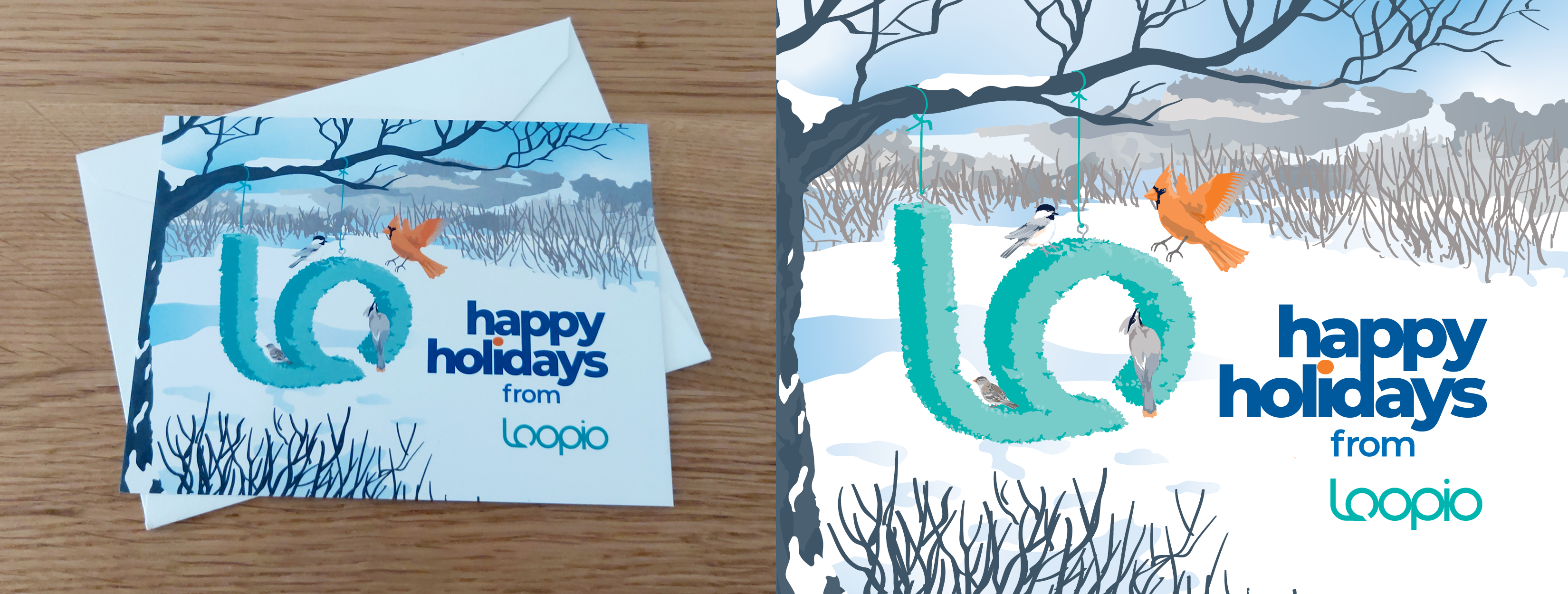 A photograph and digital version of a holiday postcard side by side